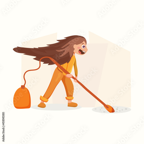 The girl does the cleaning. Vector illustration in flat style
