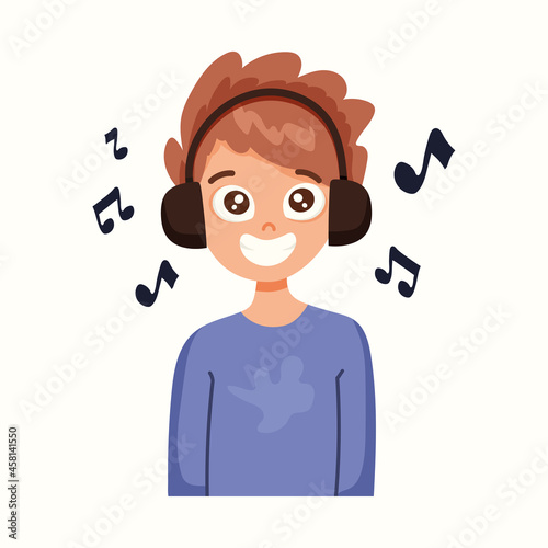 The boy listens to music with headphones. Vector illustration in flat style
