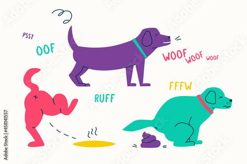 Cute dog pissing and pooping. Pet is peeing. Set of vector illustrations.