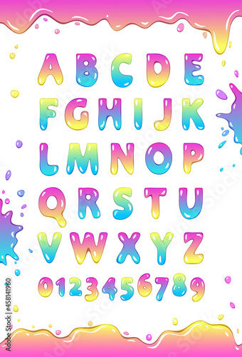 Font of bubbles. Sweet alphabet. Letters and numbers vector poster