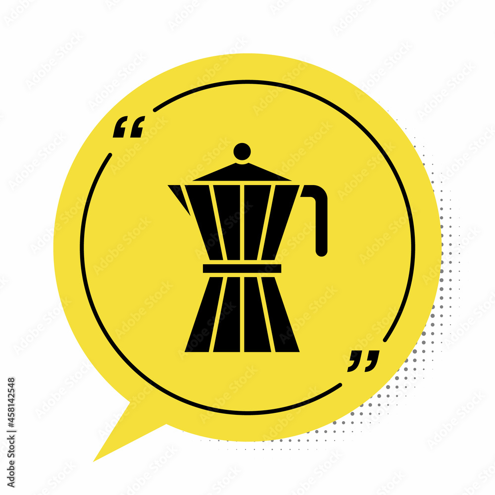 Black Coffee maker moca pot icon isolated on white background. Yellow speech bubble symbol. Vector Black Coffee maker moca pot icon isolated on white background. Yellow speech bubble symbol. Vector