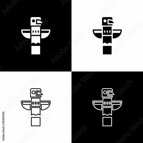 Set Canadian totem pole icon isolated on black and white background. Vector