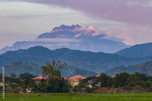 Beautiful Mount Kinabalu view from Paddy field during Twilight sunset