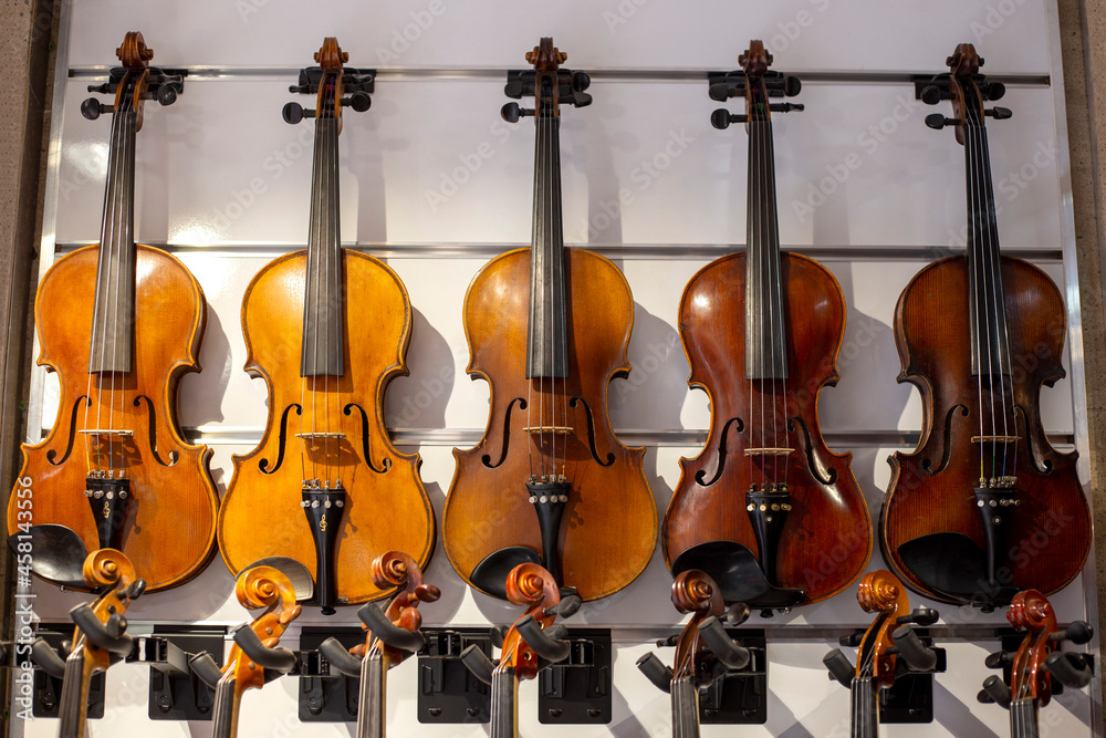 Fototapeta Showcase with violins in a music store