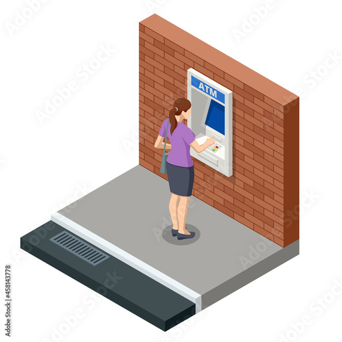 Isometric woman waiting for the credit card inserting from ATM Machine. ATM service machine of a bank. Automated teller machine