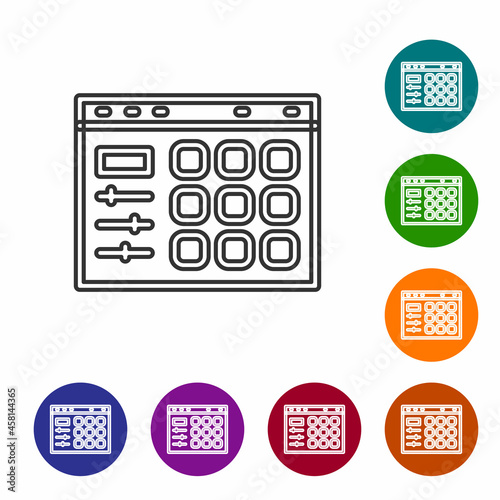 Black line Drum machine icon isolated on white background. Musical equipment. Set icons in color circle buttons. Vector