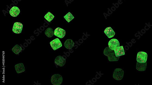 Rolling hot green-gold dices under black-white flash background. 3D CG. 3D illustration. 3D high quality rendering.