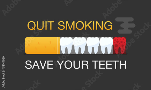 Quit smoking vector design concept. Cigarette burns out and kills the teeth. Save your teeth slogan. Vector banner EPS 10