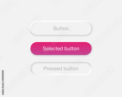 Neumorphic interface buttons set. Selected and pressed button in neumorphism design isolated on gray background. Vector EPS 10
