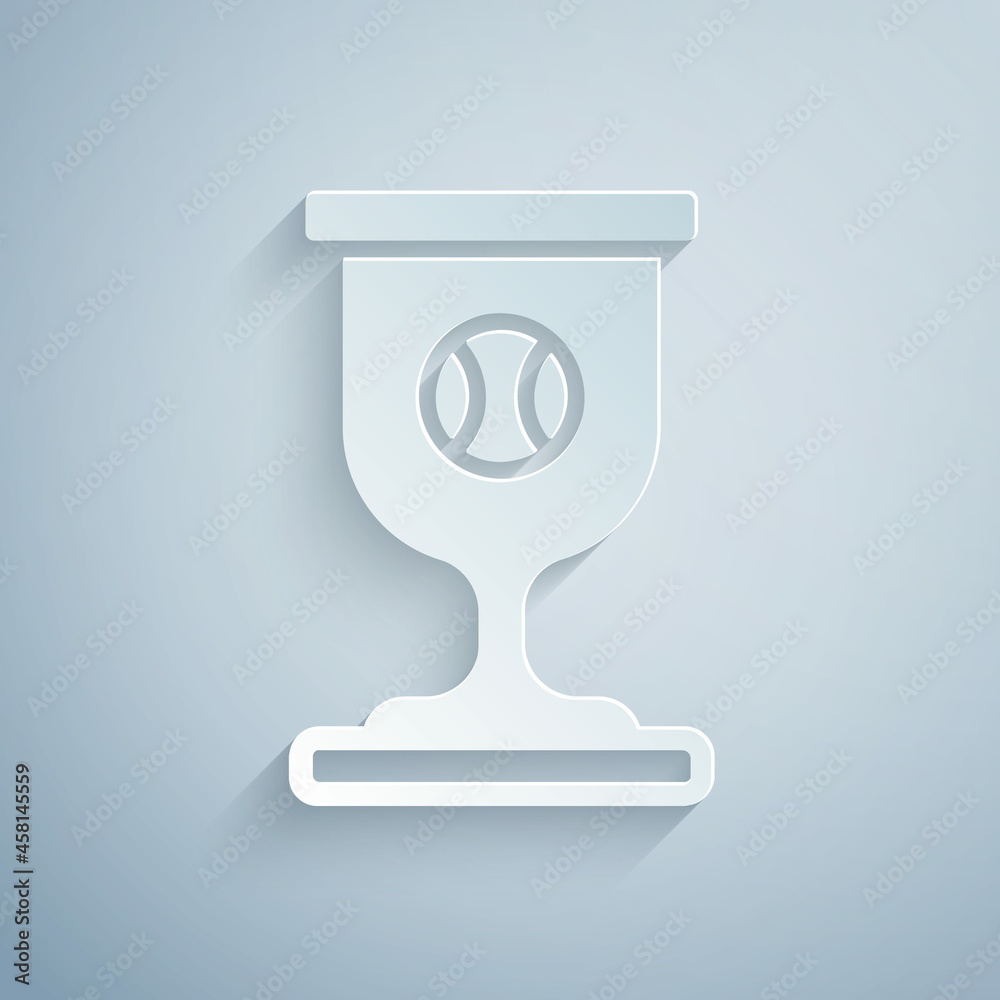 Paper cut Award cup with baseball ball icon isolated on grey background. Winner trophy symbol. Championship or competition trophy. Sports achievement. Paper art style. Vector Paper cut Award cup with baseball ball icon isolated on grey background. Winner trophy symbol. Championship or competition trophy. Sports achievement. Paper art style. Vector