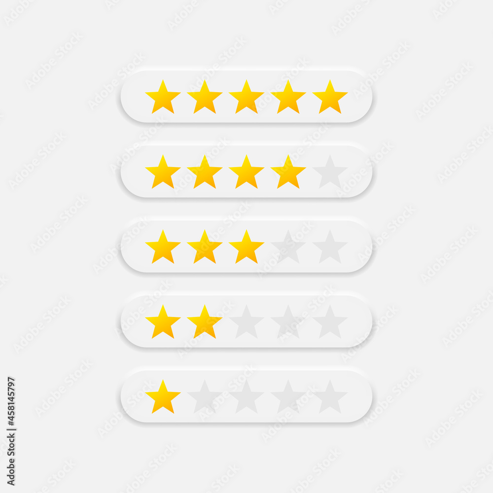 Rating stars from one to five vector icons in neumorphic style. Neumorphism design elements. Review symbol. Vector EPS 10 Rating stars from one to five vector icons in neumorphic style. Neumorphism design elements. Review symbol. Vector EPS 10