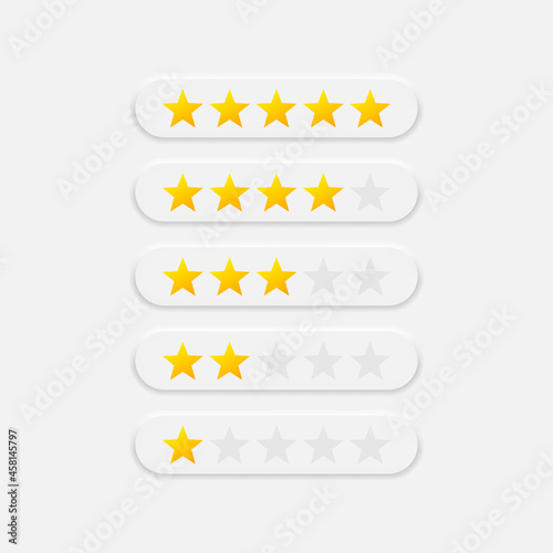 Rating stars from one to five vector icons in neumorphic style. Neumorphism design elements. Review symbol. Vector EPS 10