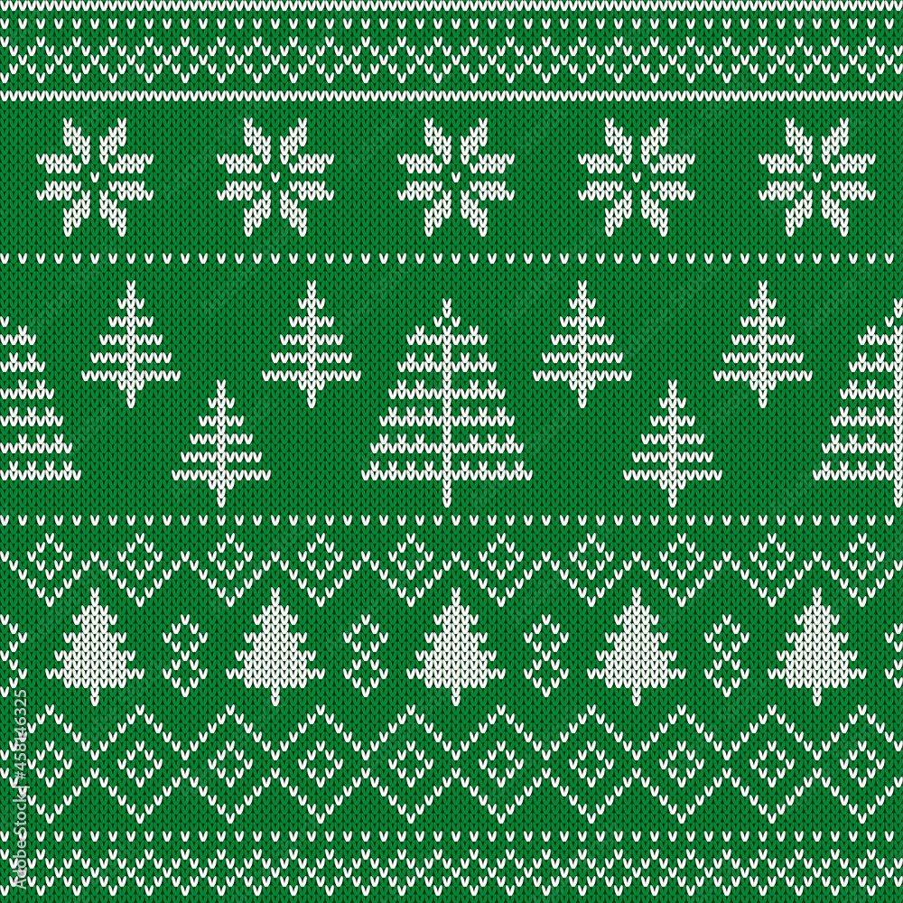Knitted green Christmas background, ornament with snowflakes and christmas trees.  Seamless pattern. Texture for fabric, wrapping, wallpaper. Decorative print.