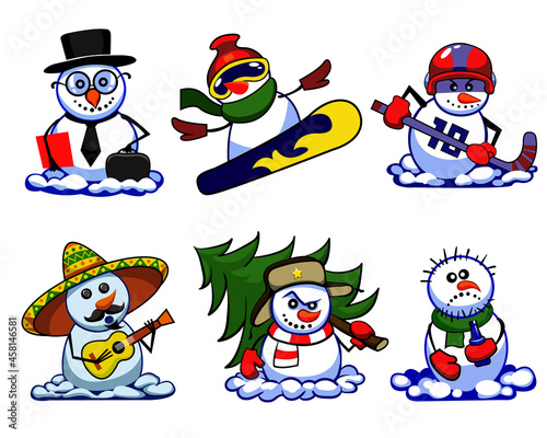 a set of funny snowmen. snowmen are athletes. the snowman is a hockey player, a snowman on a snowboard, a snowman in a hat with earflaps, a snowman in a suit, an alcoholic snowman, a snowman in a somb