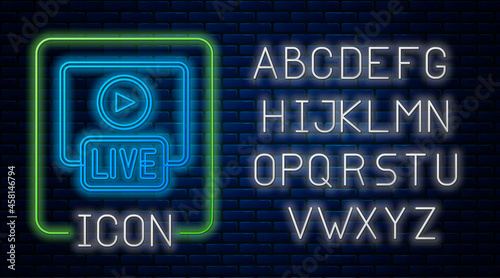 Glowing neon Live streaming online videogame play icon isolated on brick wall background. Neon light alphabet. Vector