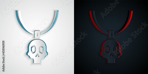 Paper cut Necklace amulet icon isolated on grey and black background. Paper art style. Vector