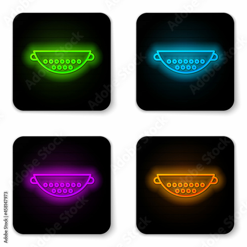 Glowing neon line Kitchen colander icon isolated on white background. Cooking utensil. Cutlery sign. Black square button. Vector Illustration