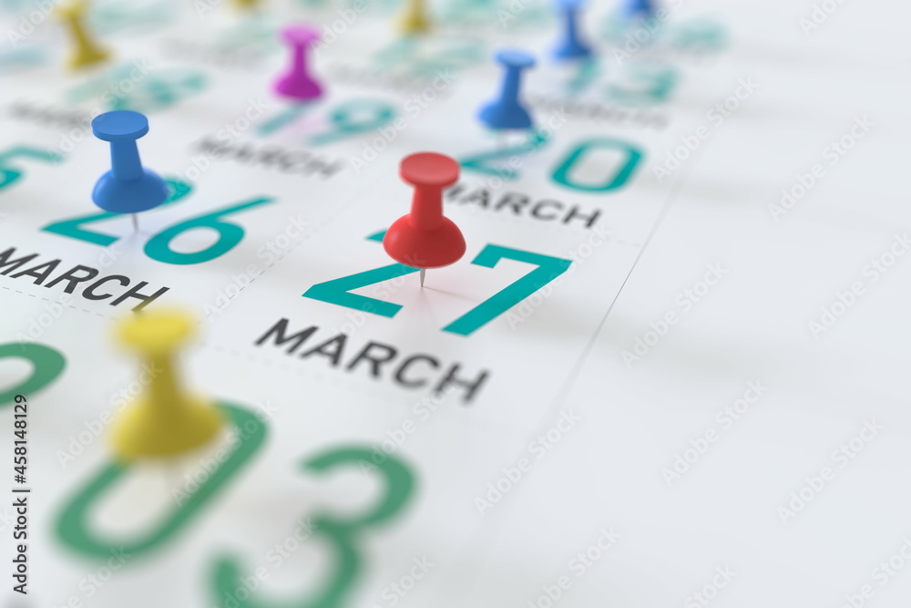 March 27 date and push pin on a calendar, 3D rendering March 27 date and push pin on a calendar, 3D rendering