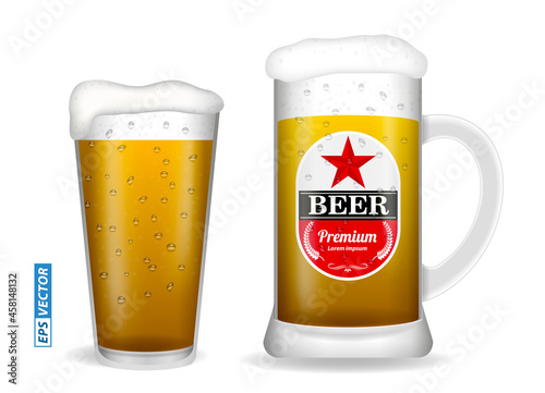 set of realistic beer glasses isolated or vertical close up beer full glass with bubble. eps vector