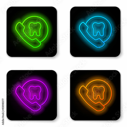 Glowing neon line Online dental care icon isolated on white background. Dental service information call center. Black square button. Vector
