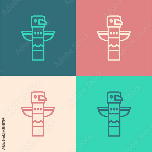Pop art line Canadian totem pole icon isolated on color background. Vector