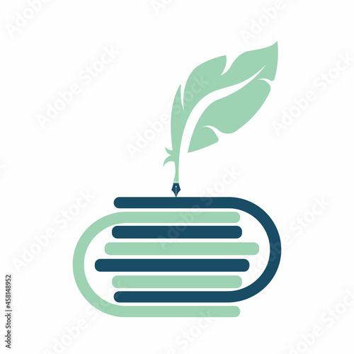 Feather quill pen logo with ink pot shape book vector design.  Book logo feather education vector icon.