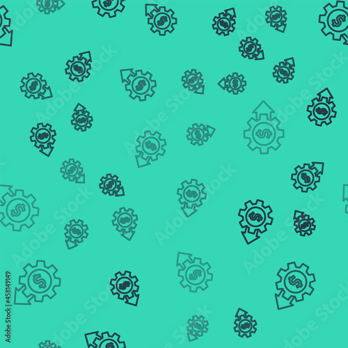 Black line Gear with dollar symbol icon isolated seamless pattern on green background. Business and finance conceptual icon. Vector