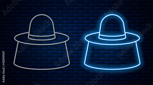 Glowing neon line Beekeeper with protect hat icon isolated on brick wall background. Special protective uniform. Vector
