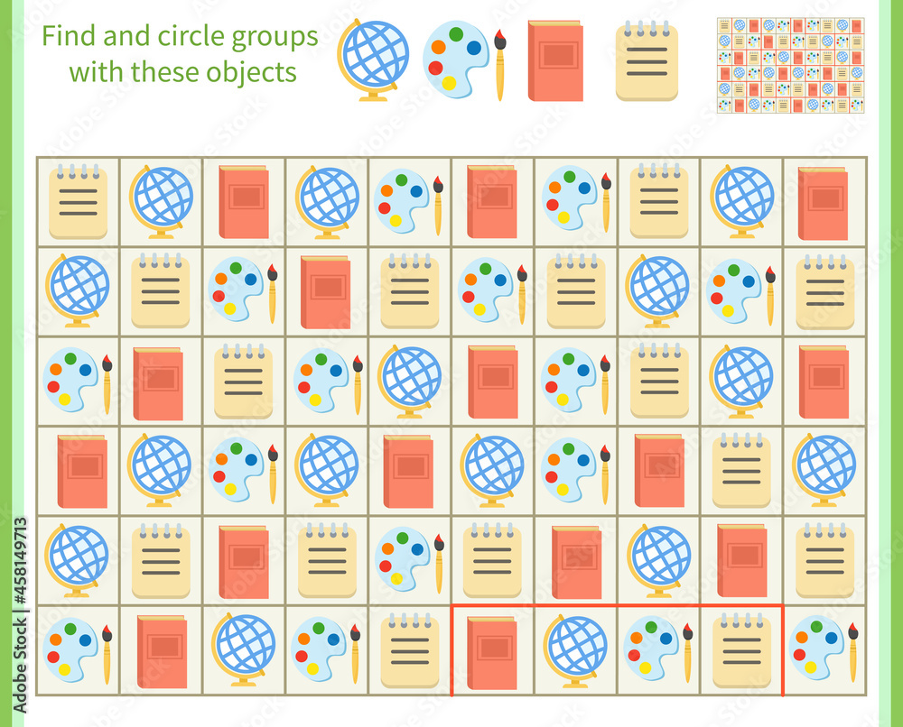 Logic game for children. Find and divide these objects into groups Logic game for children. Find and divide these objects into groups