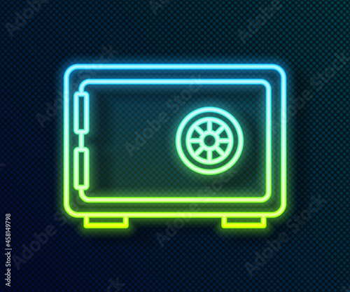 Glowing neon line Safe icon isolated on black background. The door safe a bank vault with a combination lock. Reliable Data Protection. Vector