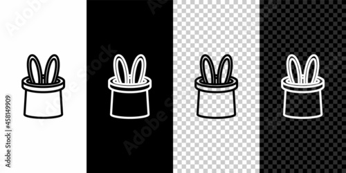 Set line Magician hat and rabbit ears icon isolated on black and white, transparent background. Magic trick. Mystery entertainment concept. Vector
