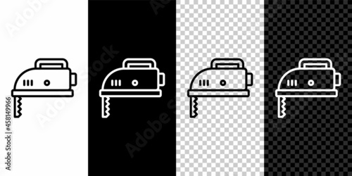 Set line Electric jigsaw with steel sharp blade icon isolated on black and white, transparent background. Power tool for woodwork. Vector