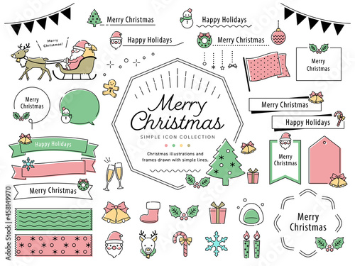クリスマスのシンプルな線画イラストフレームセット / サンタクロース、クリスマスツリー、飾り、あしらい © ricorico