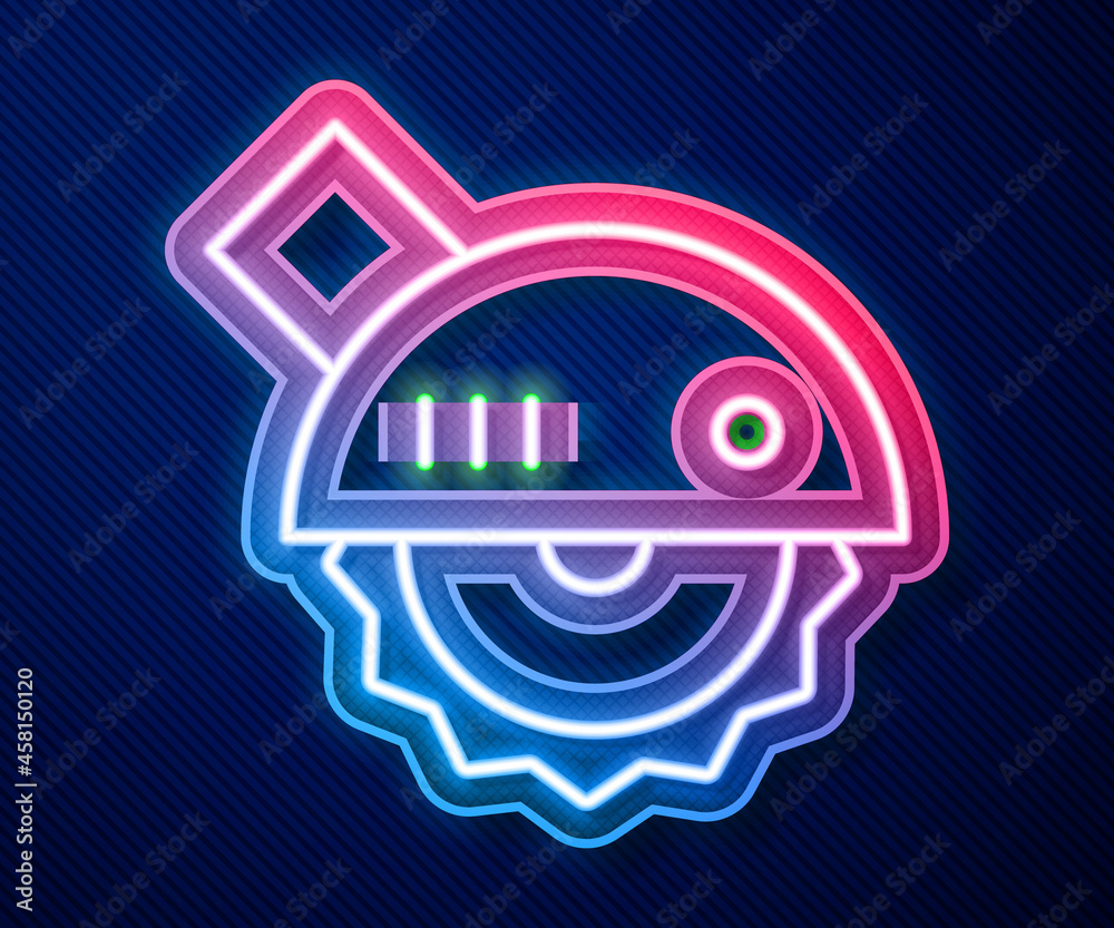 Glowing neon line Electric circular saw with steel toothed disc icon isolated on blue background. Electric hand tool for cutting wood or metal. Vector