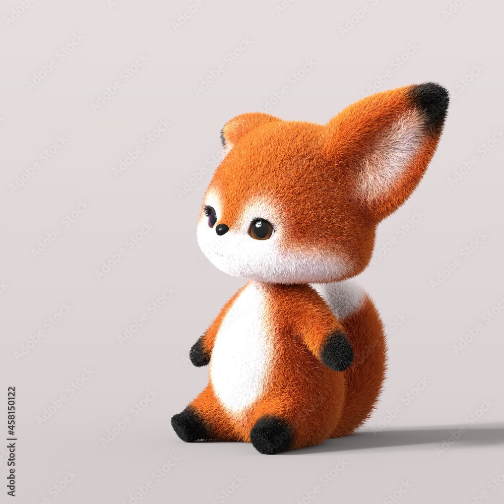 Fototapeta premium 3D-illustration of a cute and funny sitting cartoon fox looking sadly. isolated rendering object