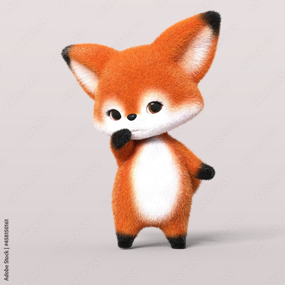 Fototapeta premium 3D-illustration of a cute and funny shy cartoon fox. isolated rendering object