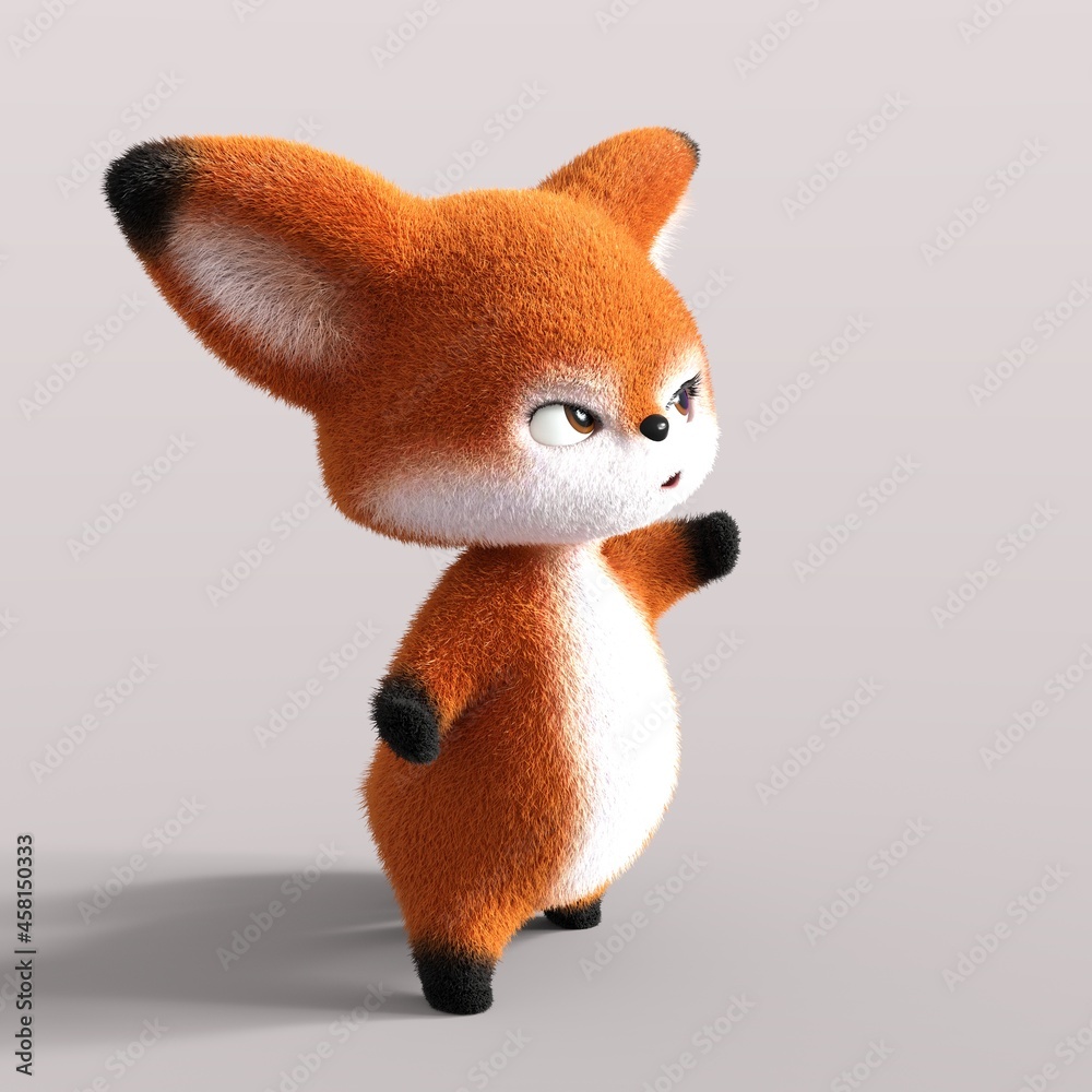 Fototapeta premium 3D-illustration of a cute and funny cartoon fox showing something. isolated rendering object