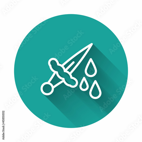 White line Sword with blood icon isolated with long shadow background. Medieval weapons knight and soldier. Symbol of murder. Green circle button. Vector
