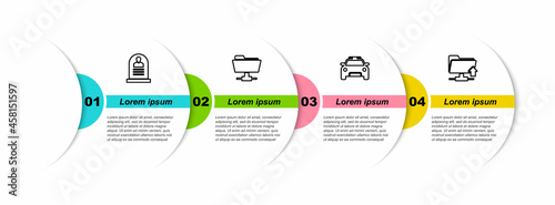 Set line Tombstone with RIP written, FTP folder, Police car and flasher and upload. Business infographic template. Vector