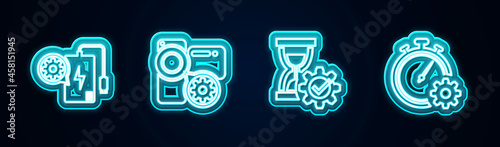 Set line Power bank setting, Video camera, Hourglass and Time management. Glowing neon icon. Vector