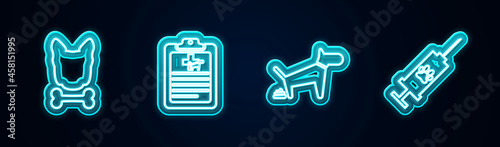Set line Dog and bone, Clinical record pet, pooping and Syringe with vaccine. Glowing neon icon. Vector
