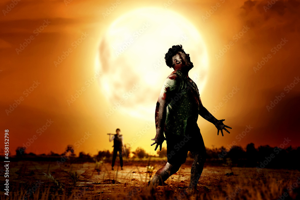 Asian woman in police vest standing with a baseball bat with a gun on her hand facing zombies Asian woman in police vest standing with a baseball bat with a gun on her hand facing zombies
