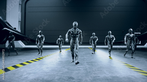 Military space futuristic soldiers walk in mitary space base. 3d rendering.