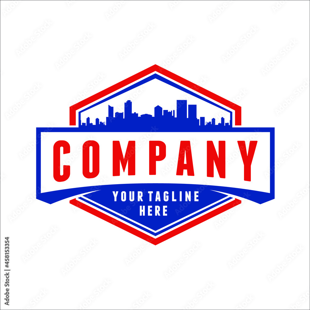 Emblem or badge with city skyline.