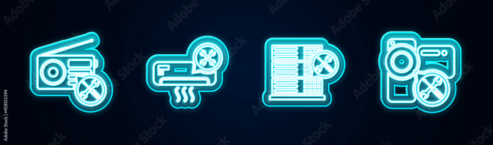 Set line Radio service, Air conditioner, Database server and Video camera. Glowing neon icon. Vector Set line Radio service, Air conditioner, Database server and Video camera. Glowing neon icon. Vector