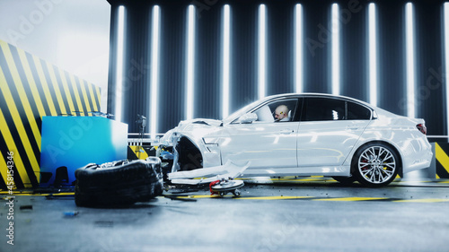 Foto Generic 3d car crash test. Car destruction. 3d rendering.