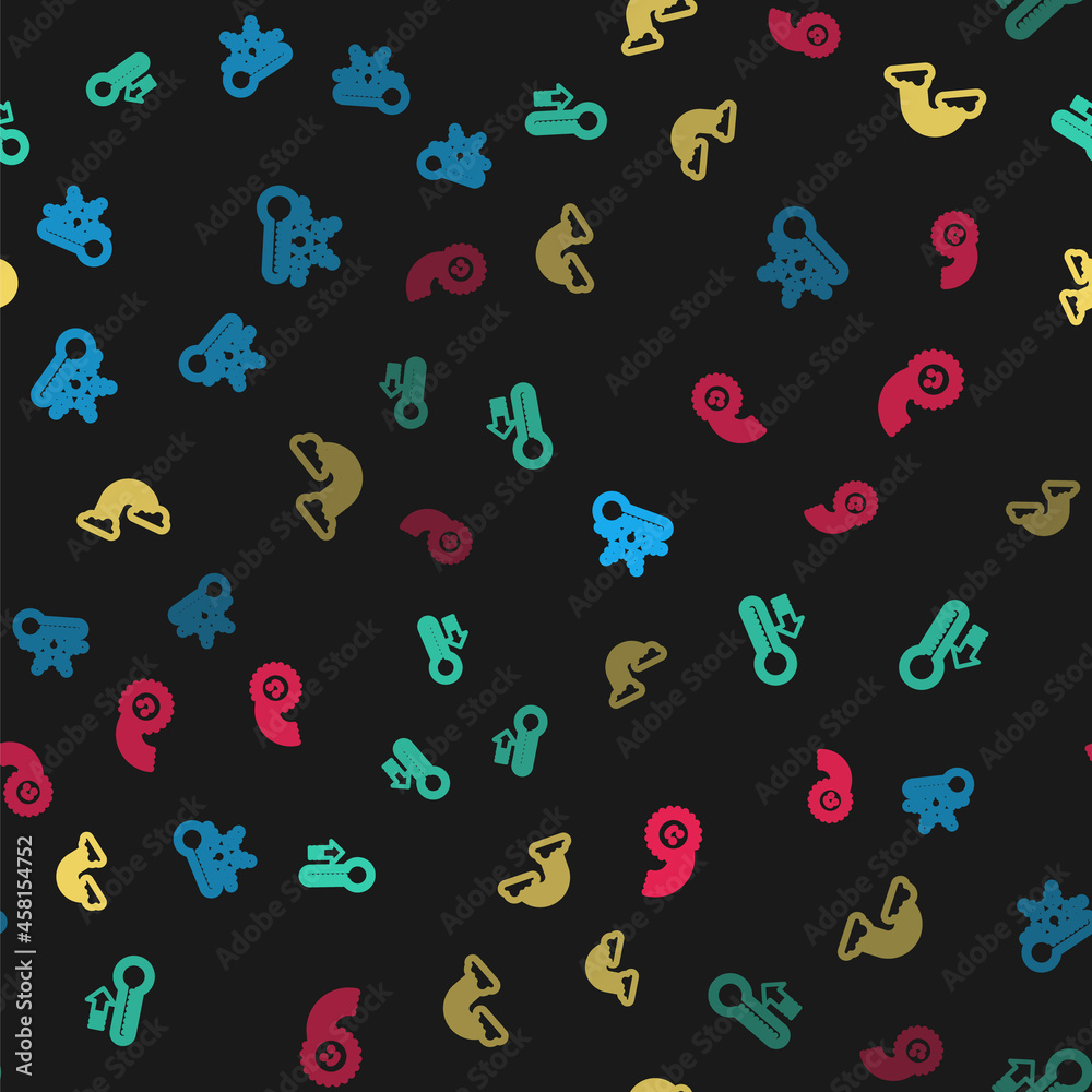 Set line Thermometer with snowflake, Meteorology thermometer, Rainbow clouds and sun on seamless pattern. Vector