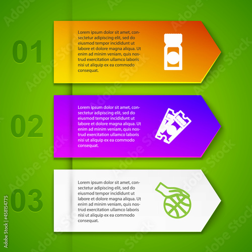 Set line Basketball game ticket, , Hand with basketball and Sports winner podium. Business infographic template. Vector