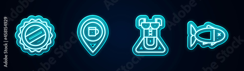 Set line Bottle cap, Alcohol or beer bar location, Costume for women dirndl and Fish. Glowing neon icon. Vector