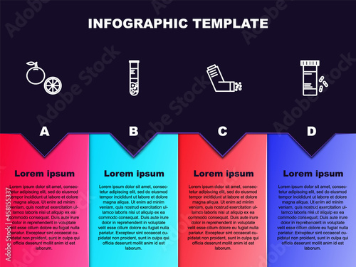 Set line Orange fruit, Test tube and flask, Inhaler and Medicine bottle pills. Business infographic template. Vector